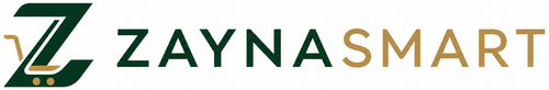 The logo for Zayna Smart features a stylized dark green 'Z' with a shopping cart icon inside, followed by the words 'ZAYNA SMART' in dark green and gold lettering on a plain white background.